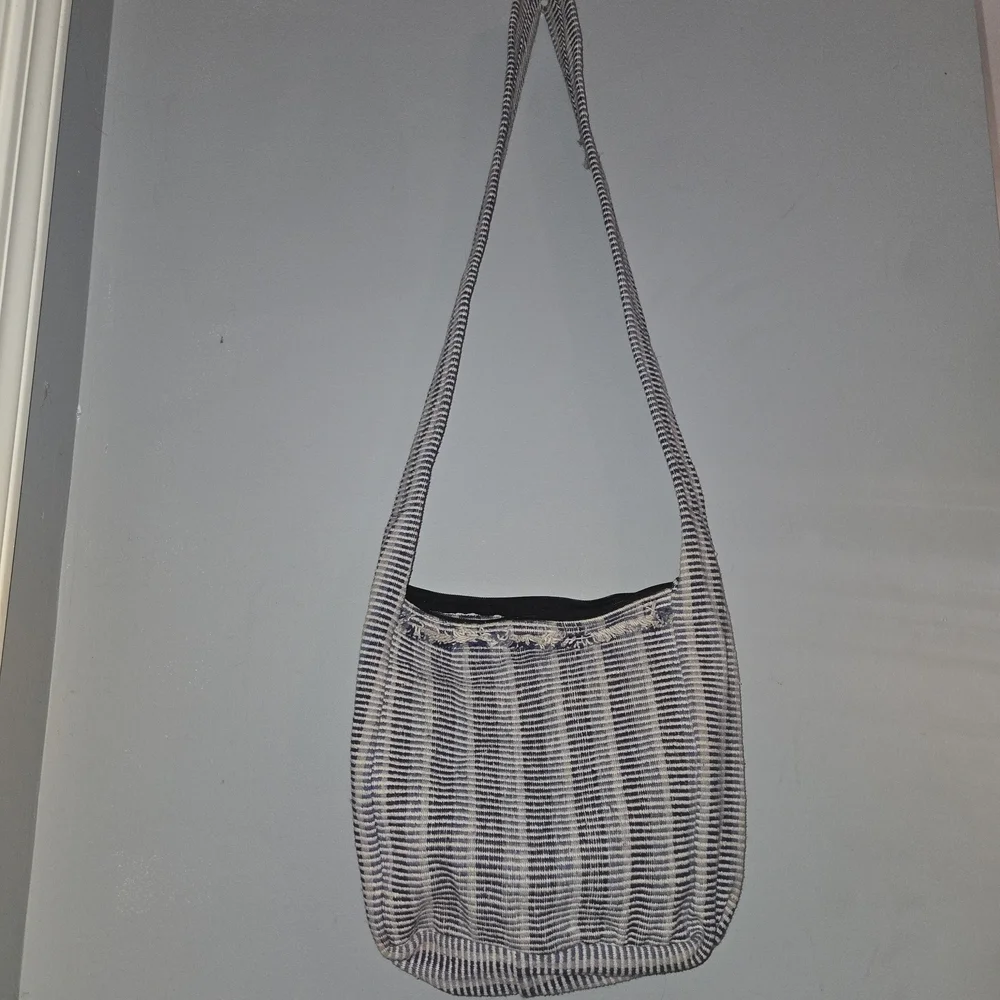 International Nepal Artisan Woven Crossbody Bag Blue White Striped Boho Ethical